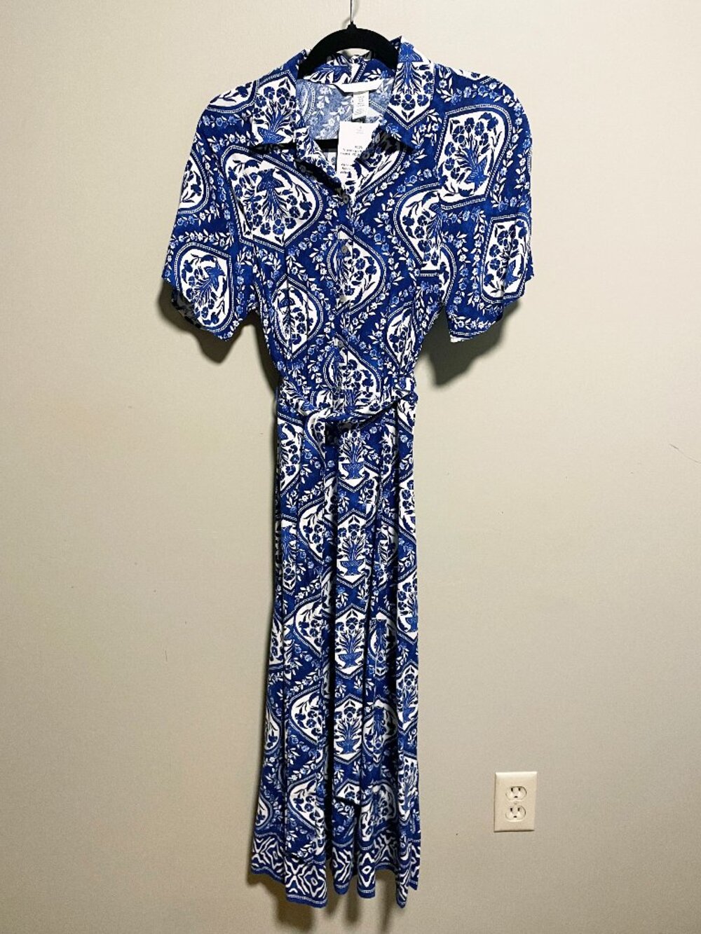 New H&M Floral Short Sleeve Midi Shirtdress Royal Blue Cream XS